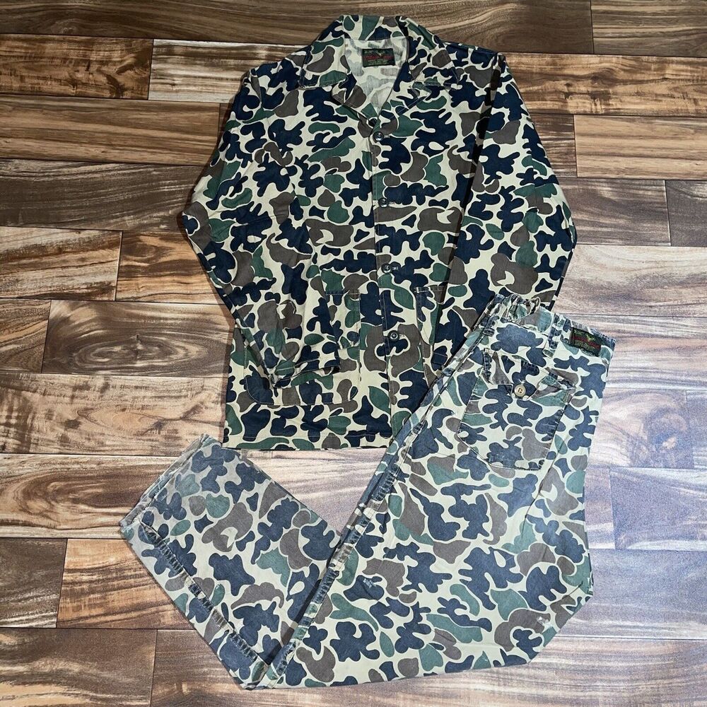 Vintage 1960s Stream-Field Camouflage Hunting Suit Shirt & Pants Mens Size Large